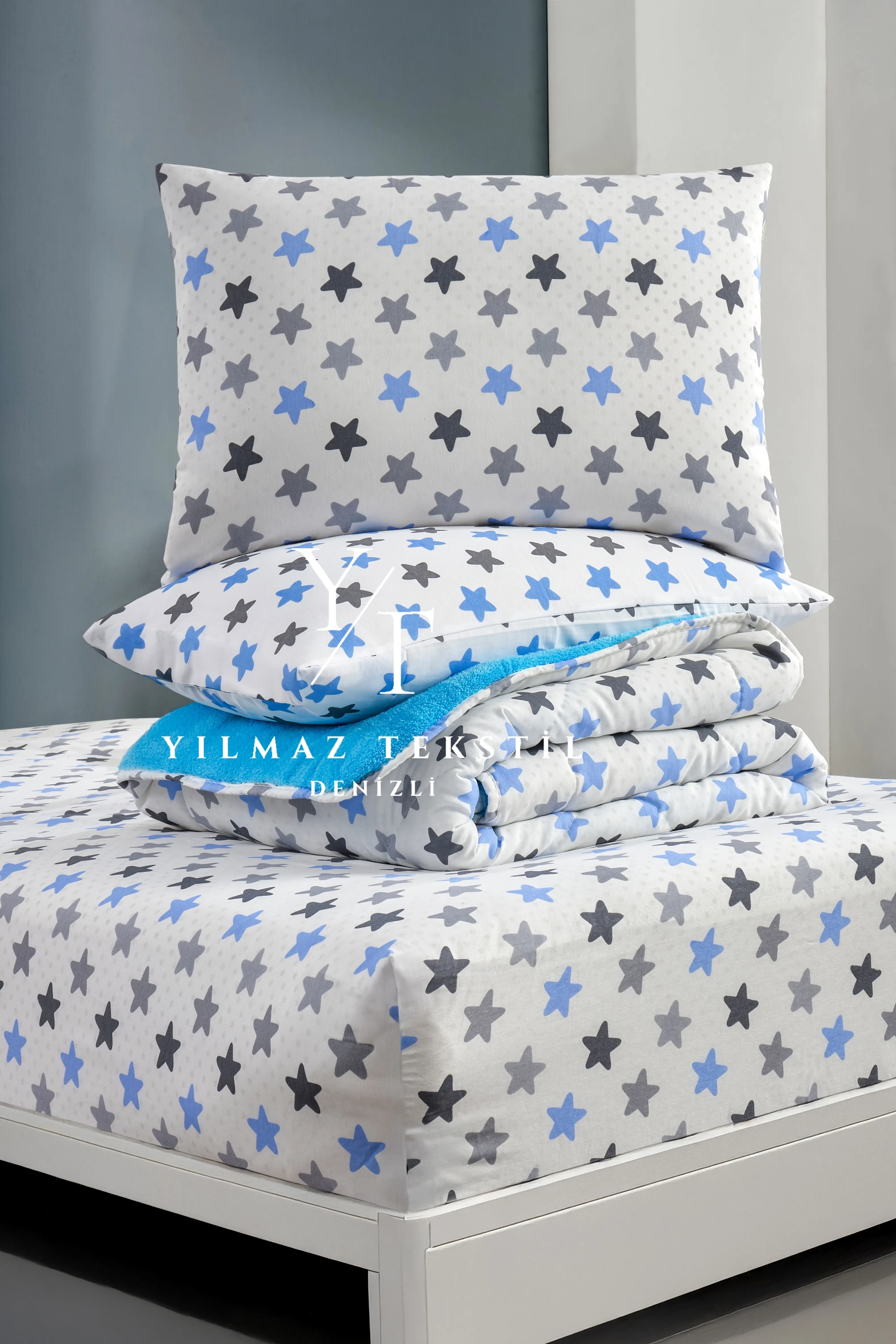 Tek Kişilik Uyku Seti Lastikli Çarşaflı Mavi Yıldız