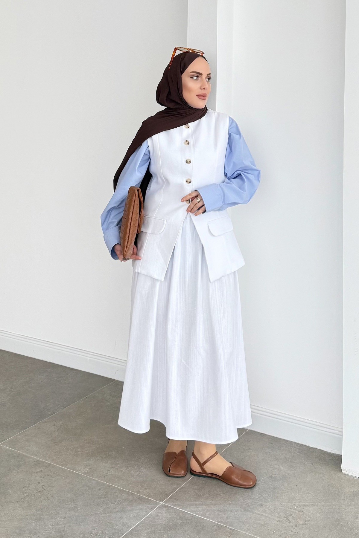 Boho Natural Keten Yelek Etek Takım Beyaz