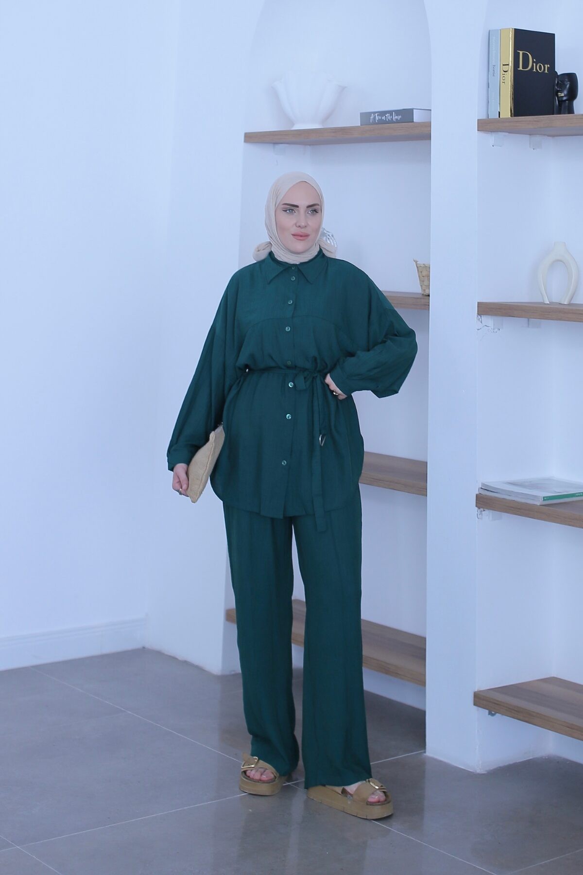 Oversize Tokalı Keten Takım Yeşil