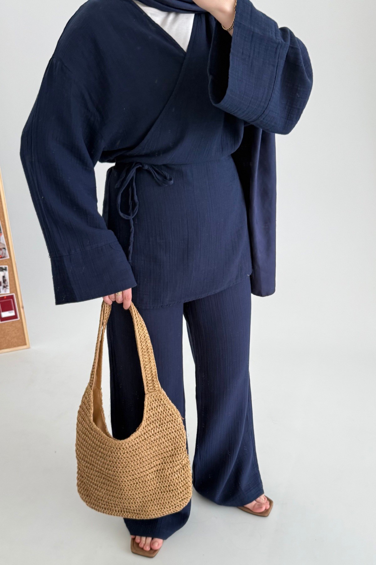Premium Müslin Kimono Ceket Takım Lacivert