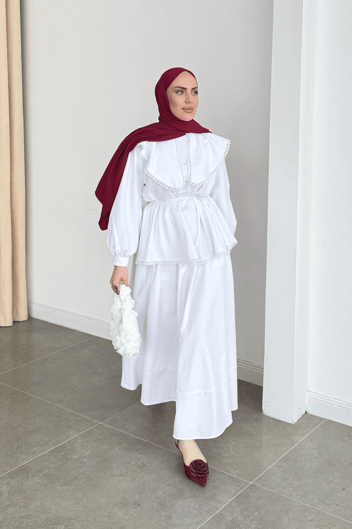 Lady Premium Kemerli Etek Takım Beyaz