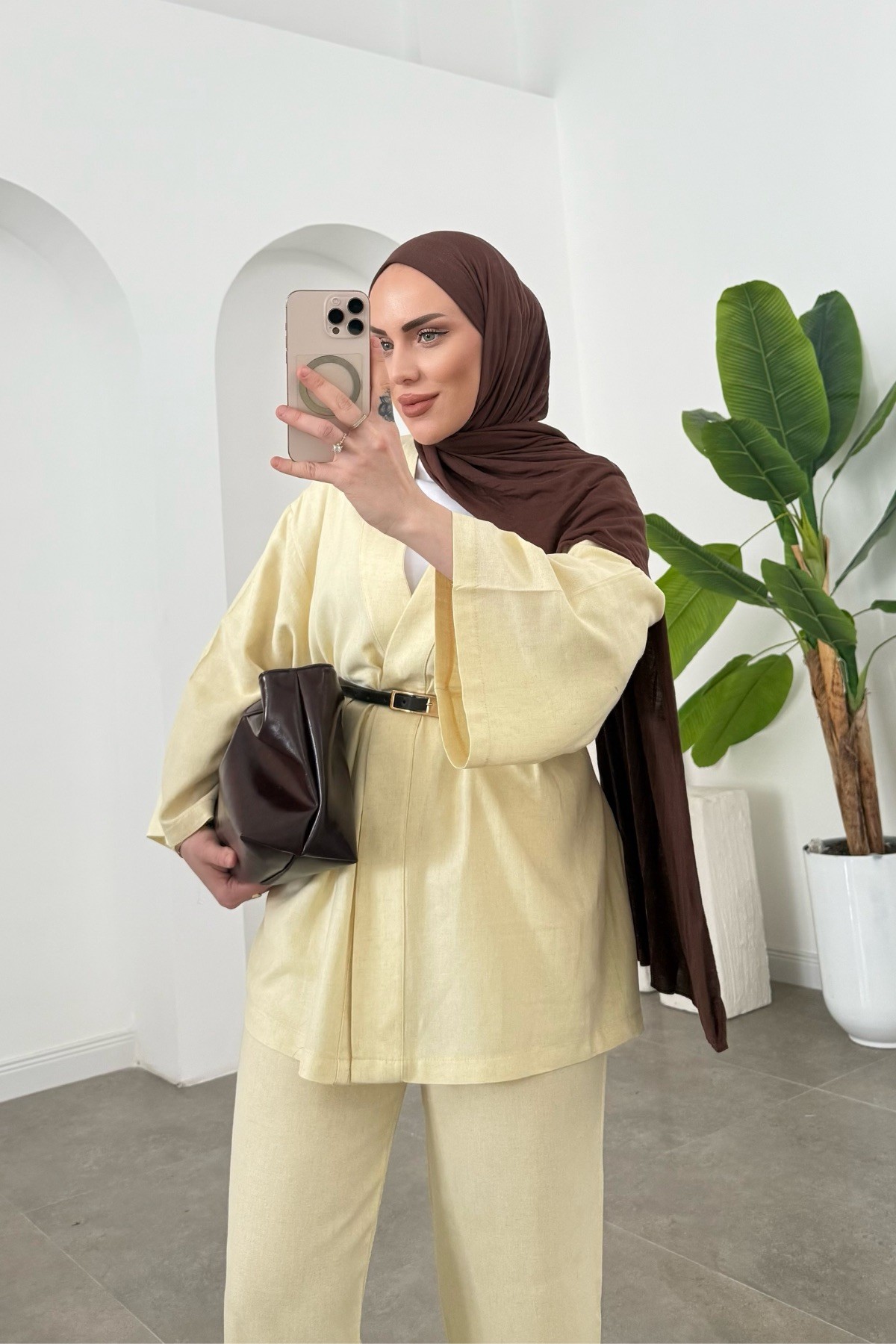 Kemerli Keten Kimono Takım Sarı 