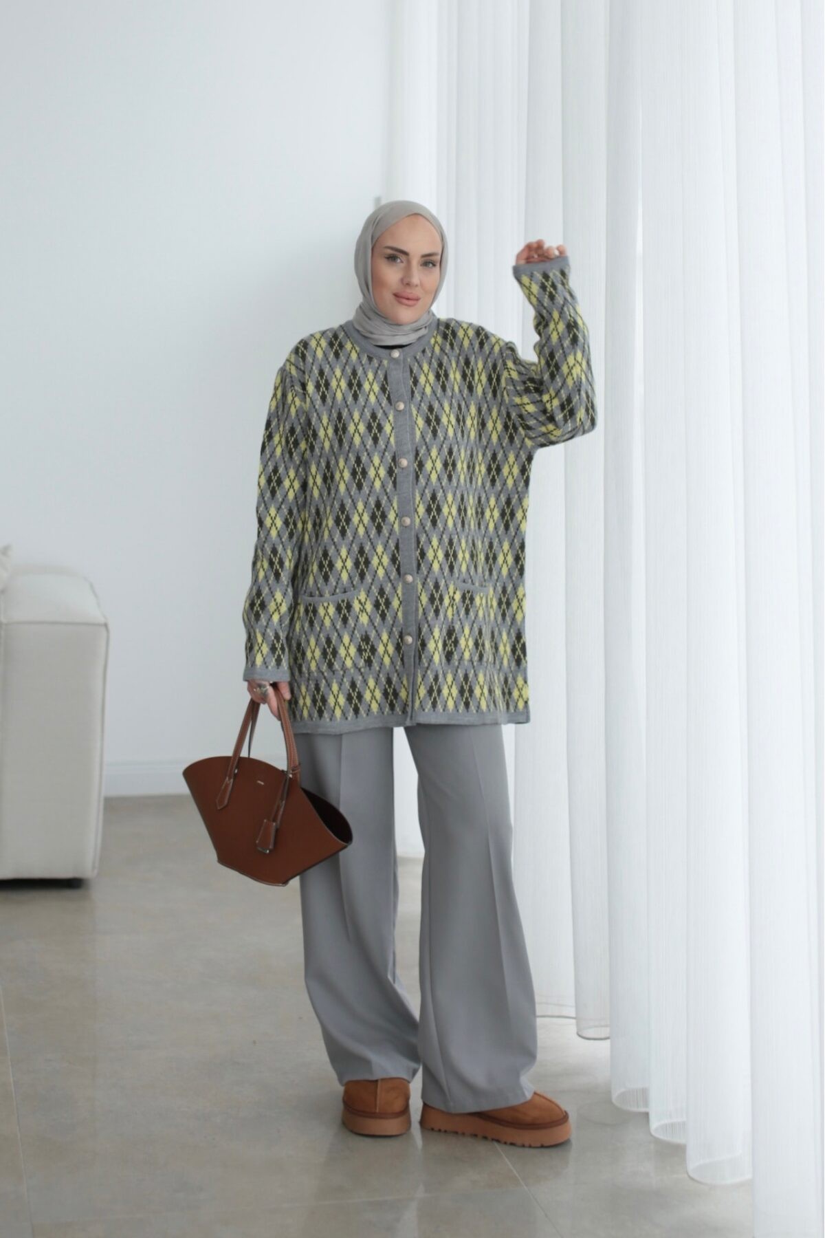 Zra Model Baklava Desenli Triko Hırka Gri