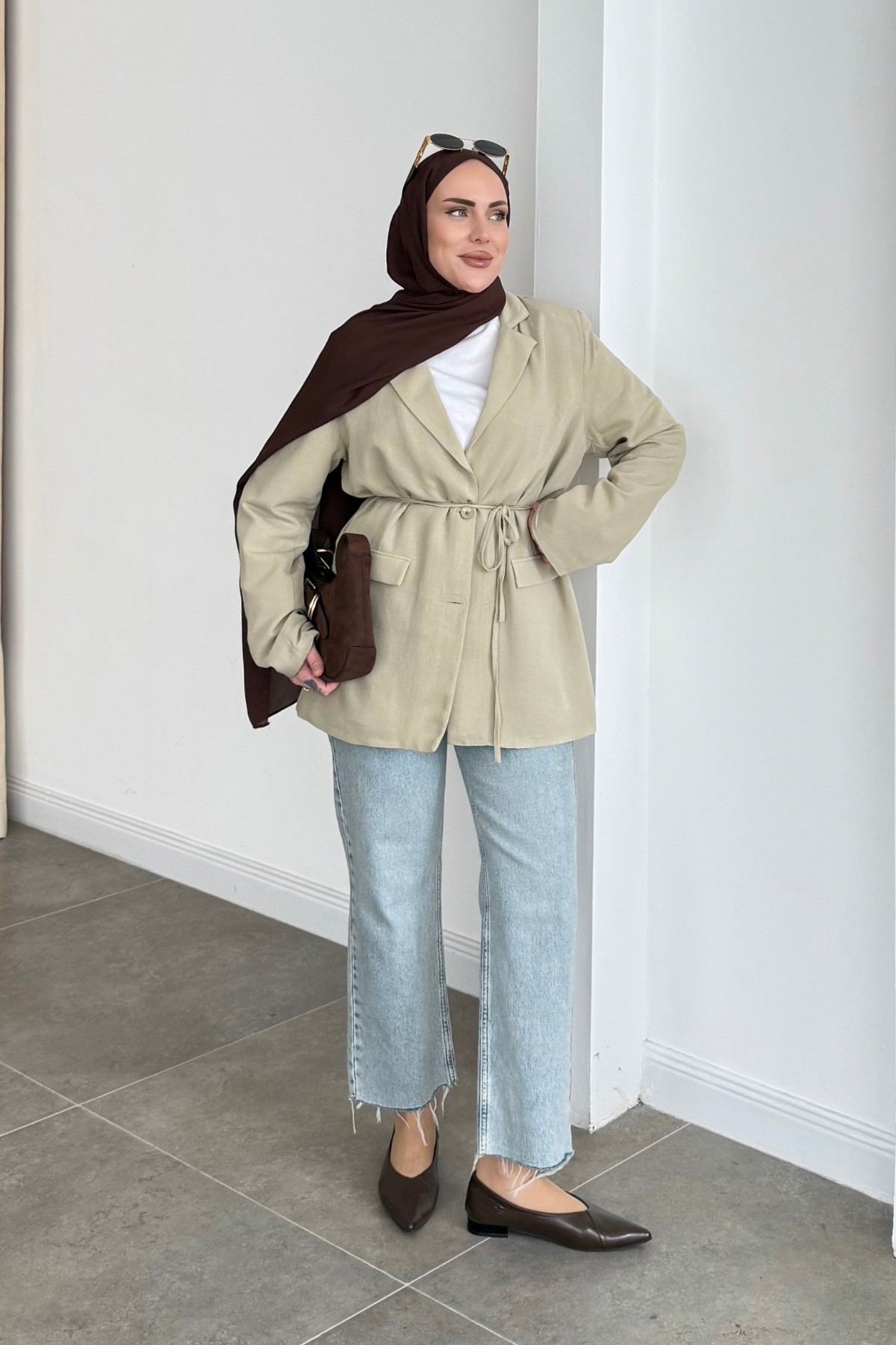 Vera Keten Kemerli Blazer Soft Yeşil