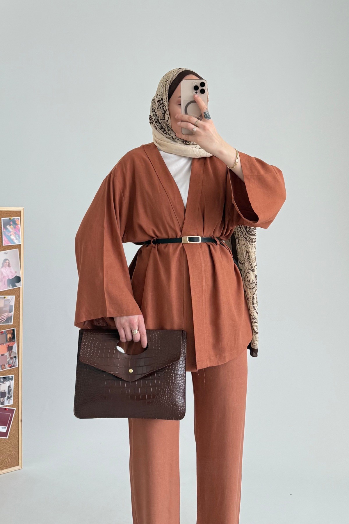 Kemerli Keten Kimono Takım Kiremit 