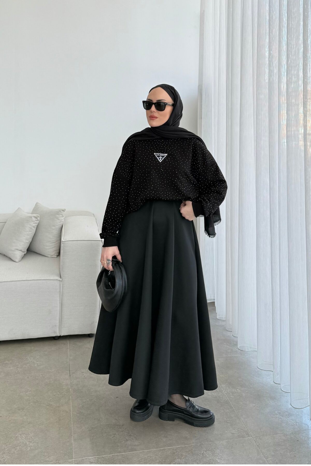 Guess Full Taşlı Sweat Siyah