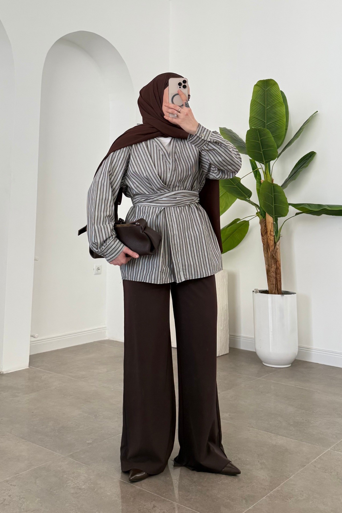 Çizgili Kimono Gömlek Gri