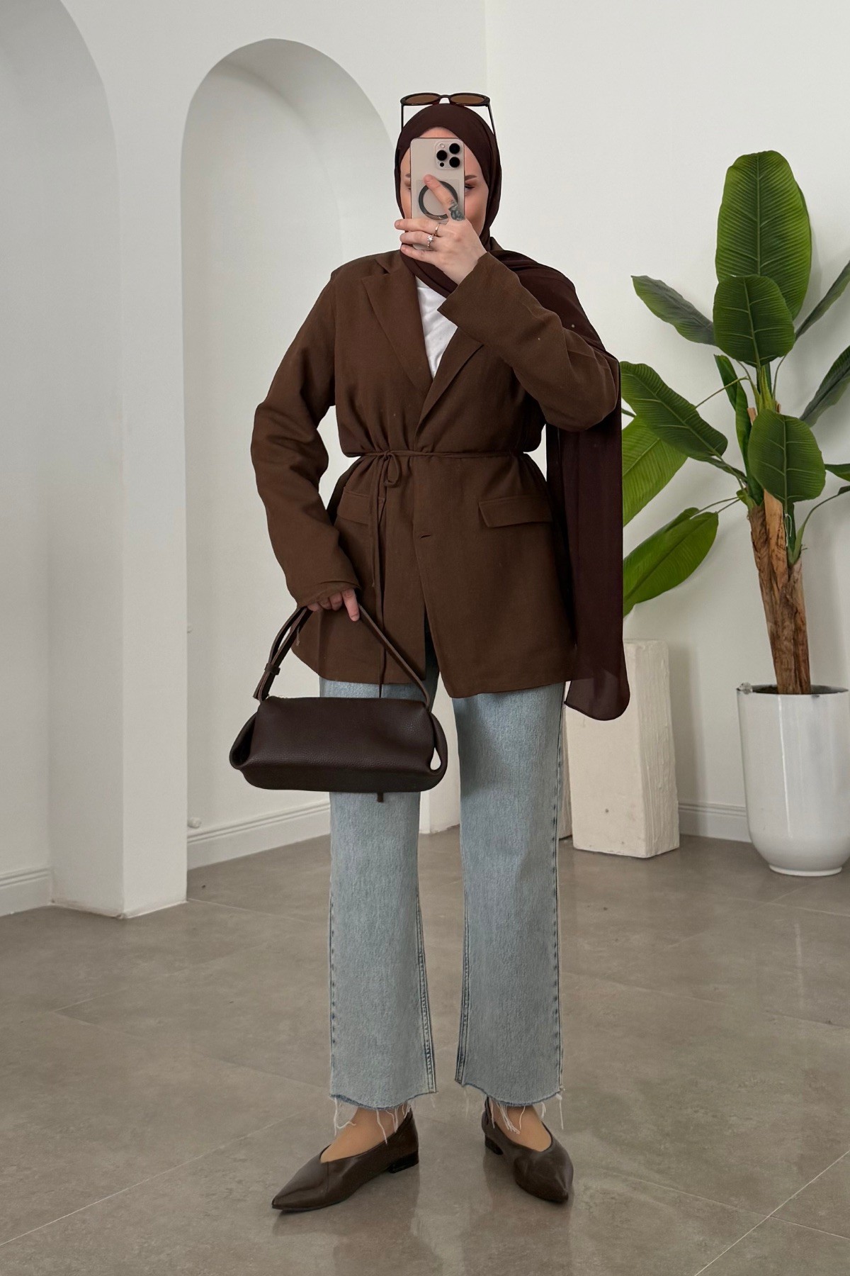 Vera Keten Kemerli Blazer Kahve 
