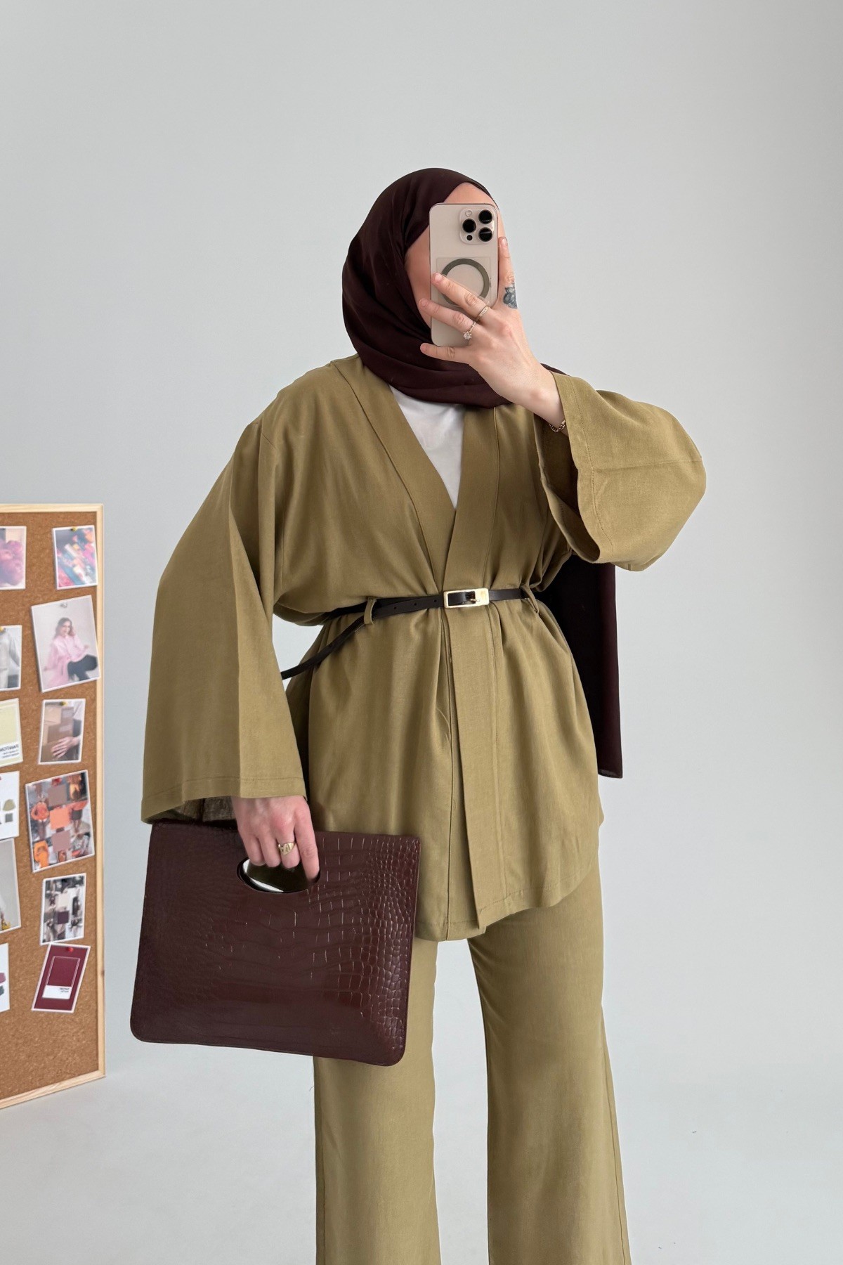Kemerli Keten Kimono Takım Haki