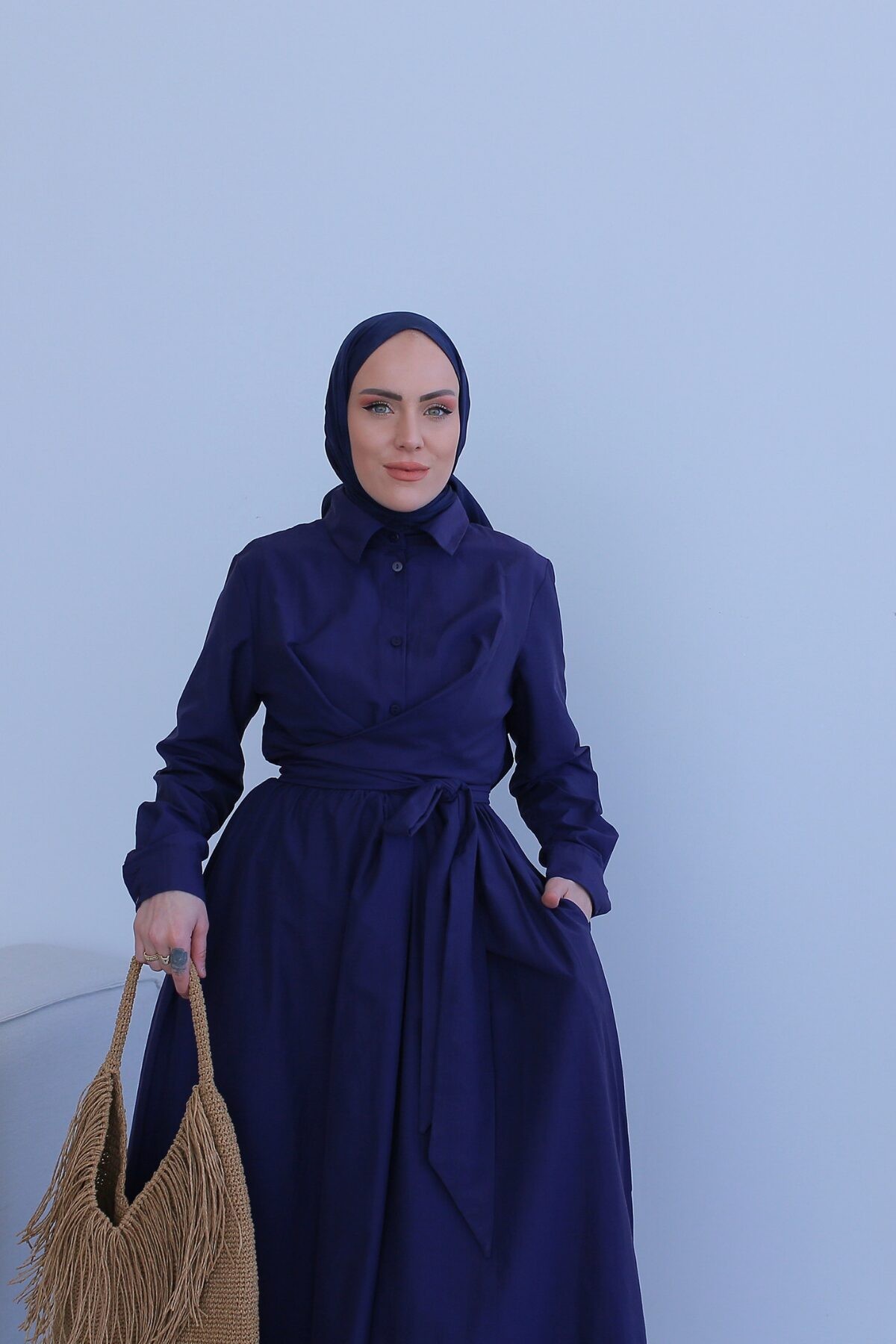 Kuşaklı Tasarım Elbise - Lacivert