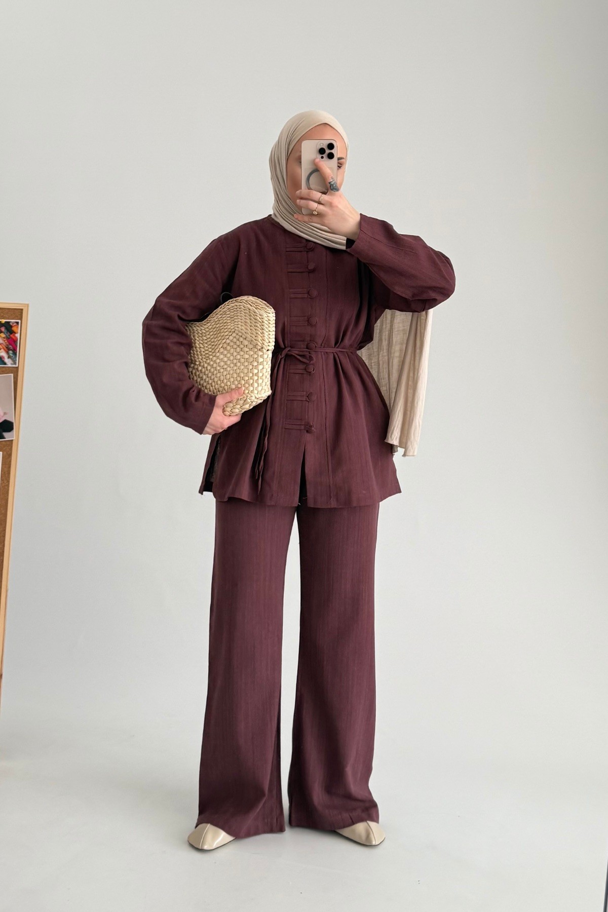 Linen Natural Keten Takım Bordo