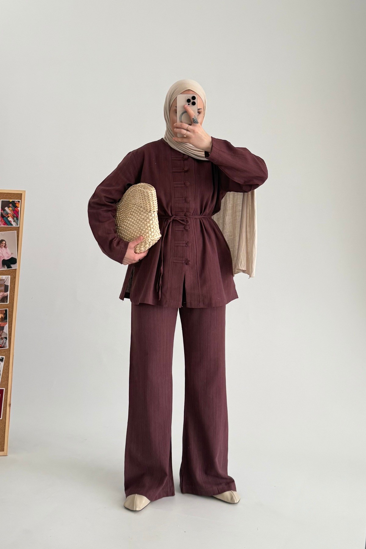 Linen Natural Keten Takım Bordo
