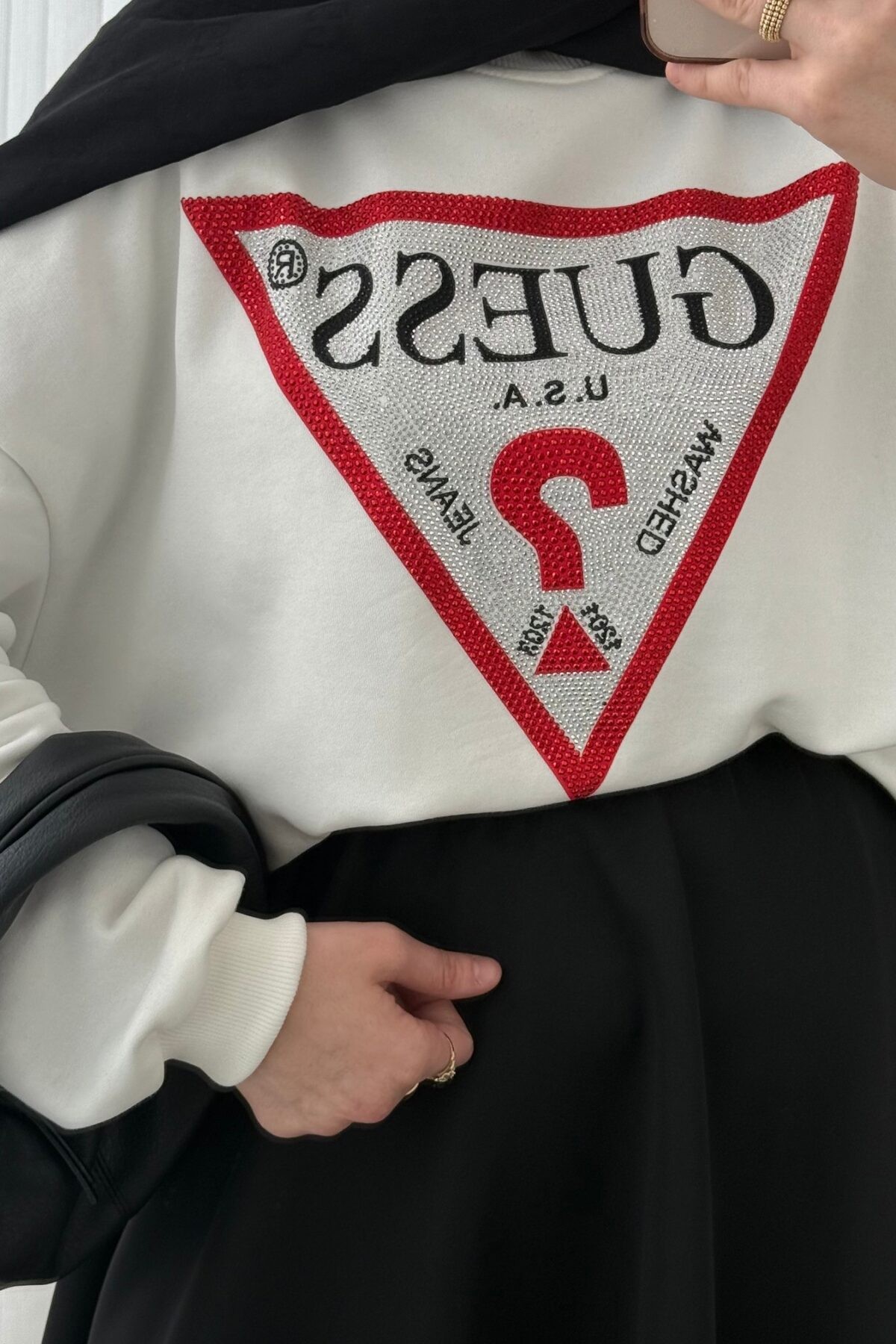 Guess İçi Full Taşlı Sweat Beyaz
