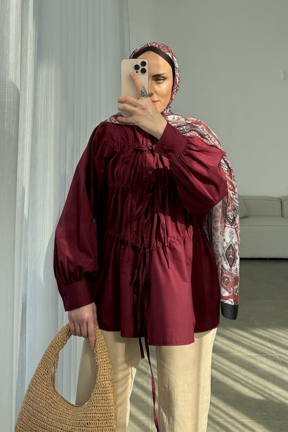 Pinterest Premium Büzgülü Gömlek Bordo