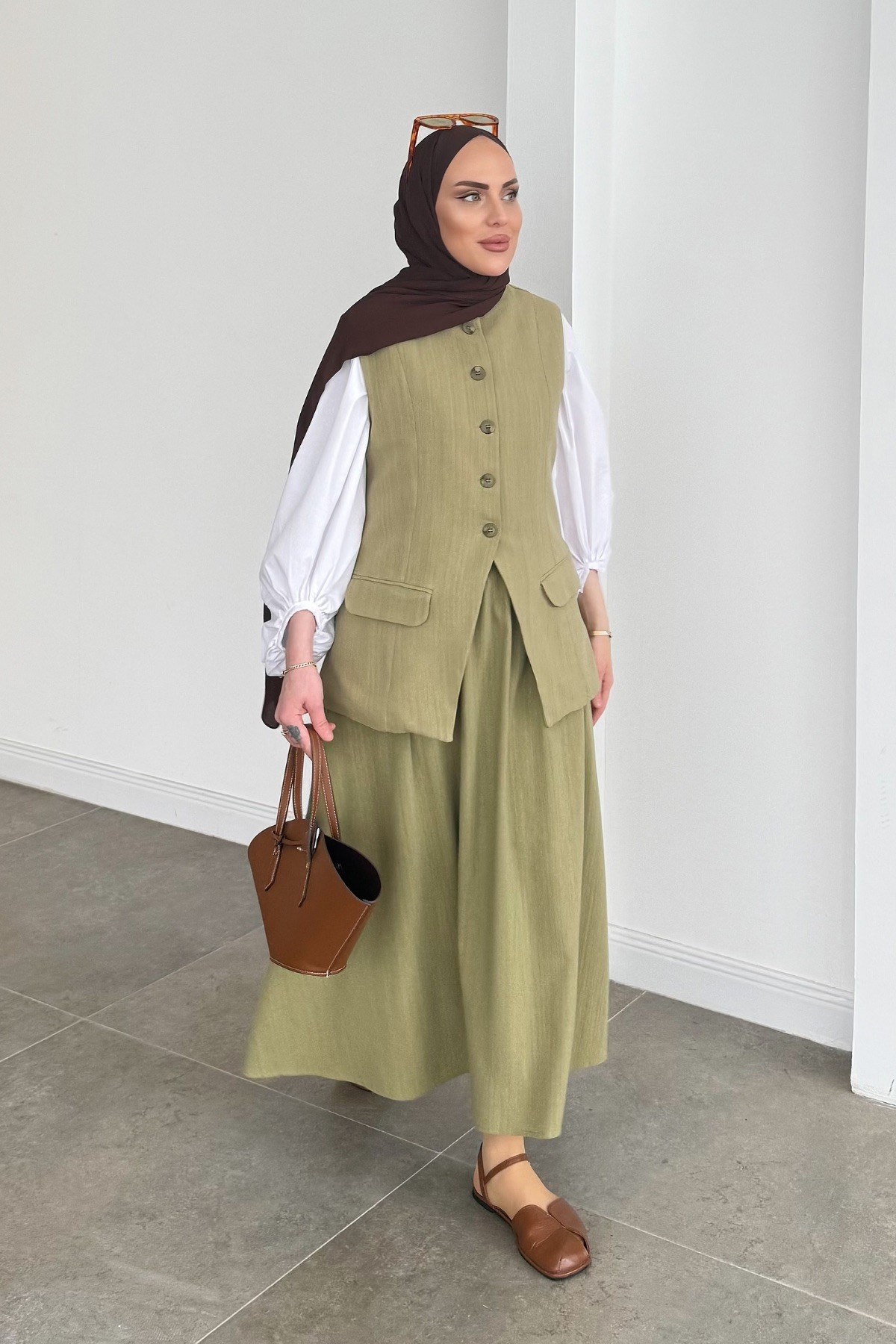 Boho Natural Keten Yelek Etek Takım Haki