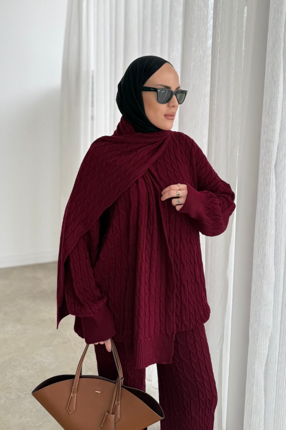 NUU Örgülü Pinterest Atkılı Takım Bordo
