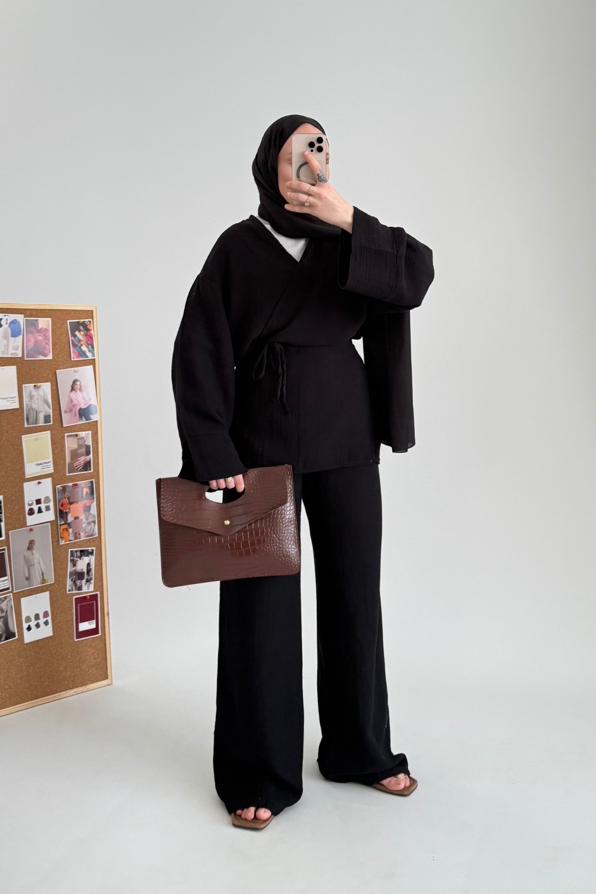 Premium Müslin Kimono Ceket Takım Siyah 