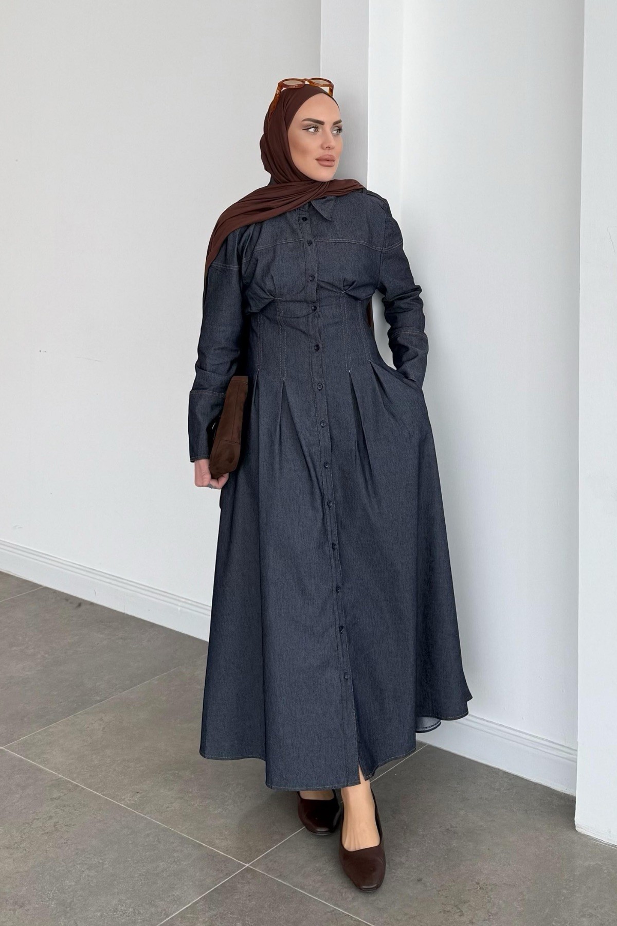 Belden Oturtmalı Premium Denim Elbise