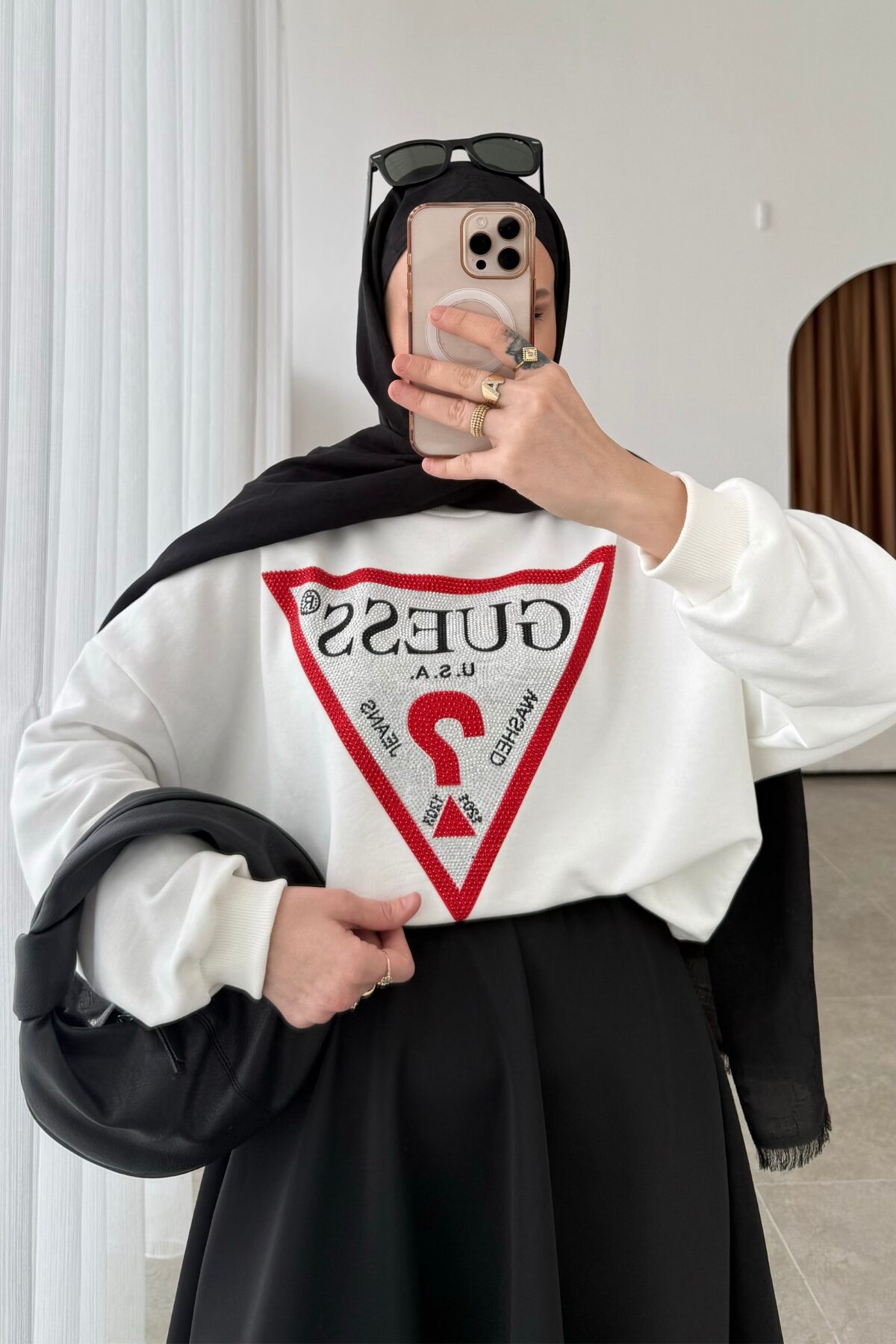 Guess İçi Full Taşlı Sweat Beyaz