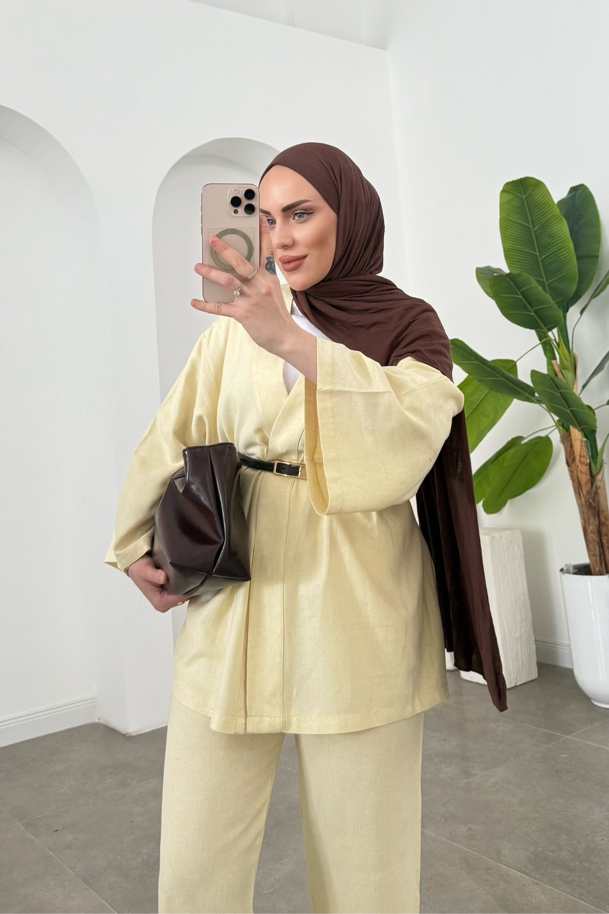 Kemerli Keten Kimono Takım Sarı 