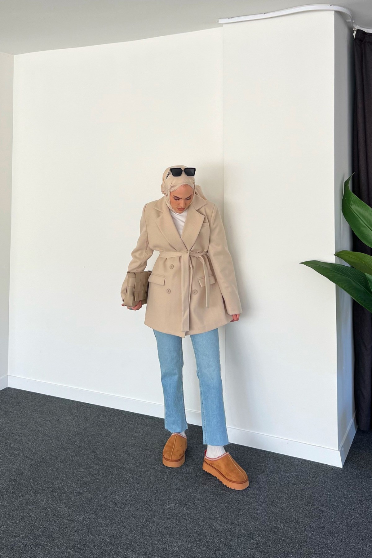 Kemerli İthal Kaşe Blazer Ceket - Bej
