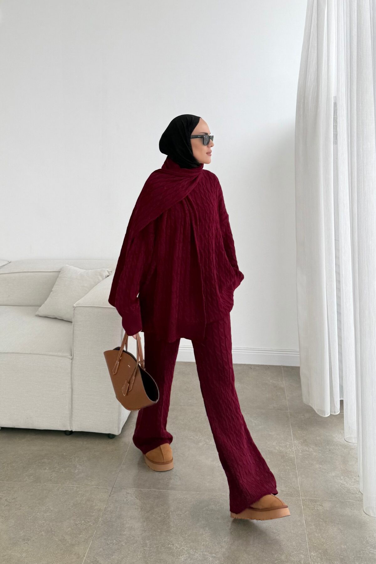 NUU Örgülü Pinterest Atkılı Takım Bordo