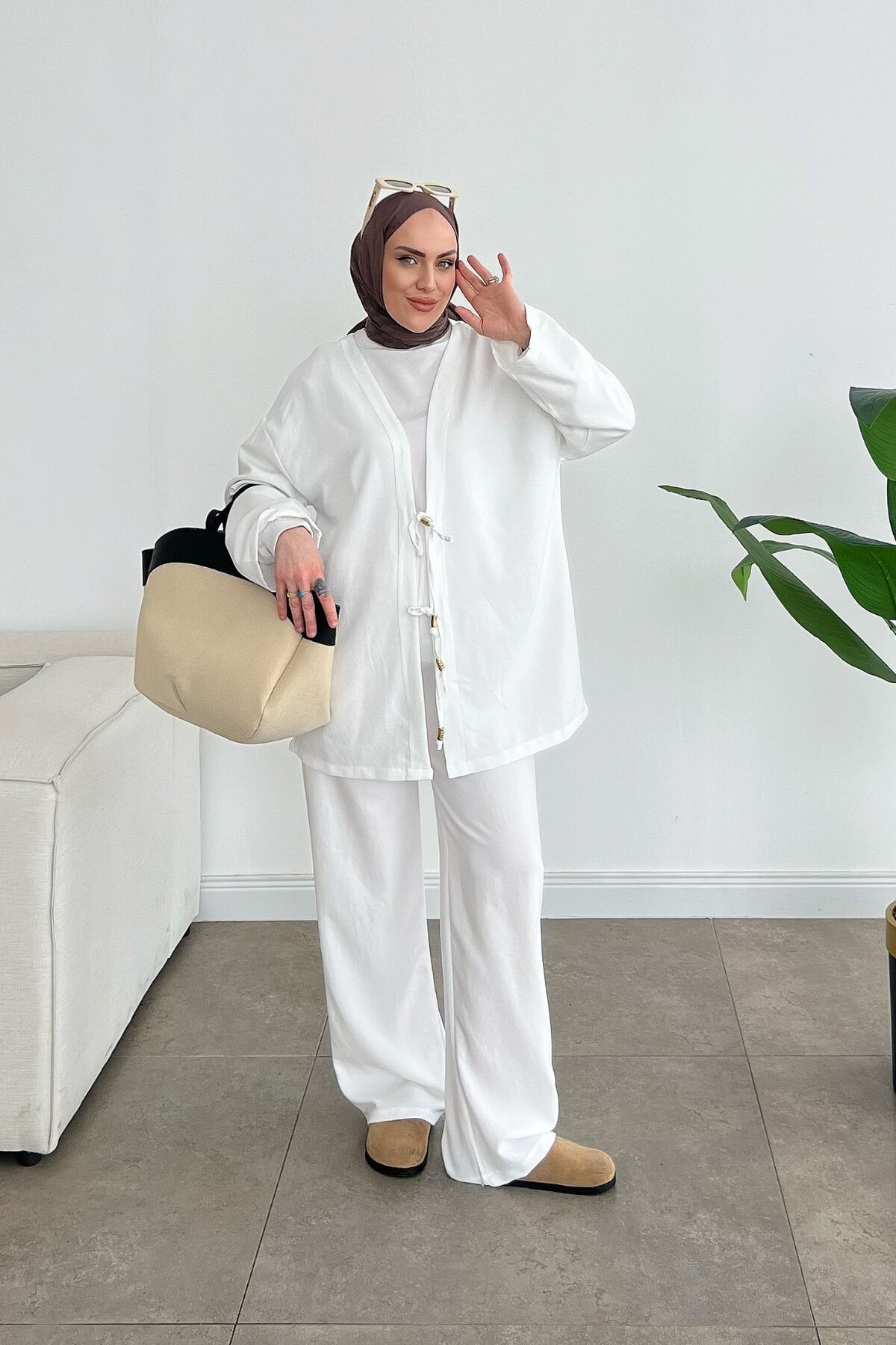 Viral Keten Kimono Takım - Beyaz