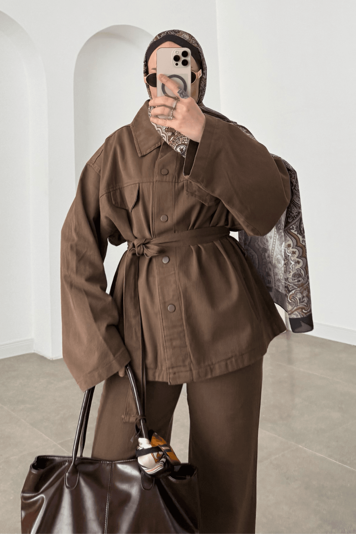 Gabardin Kuşaklı Ceket Takım Kahve