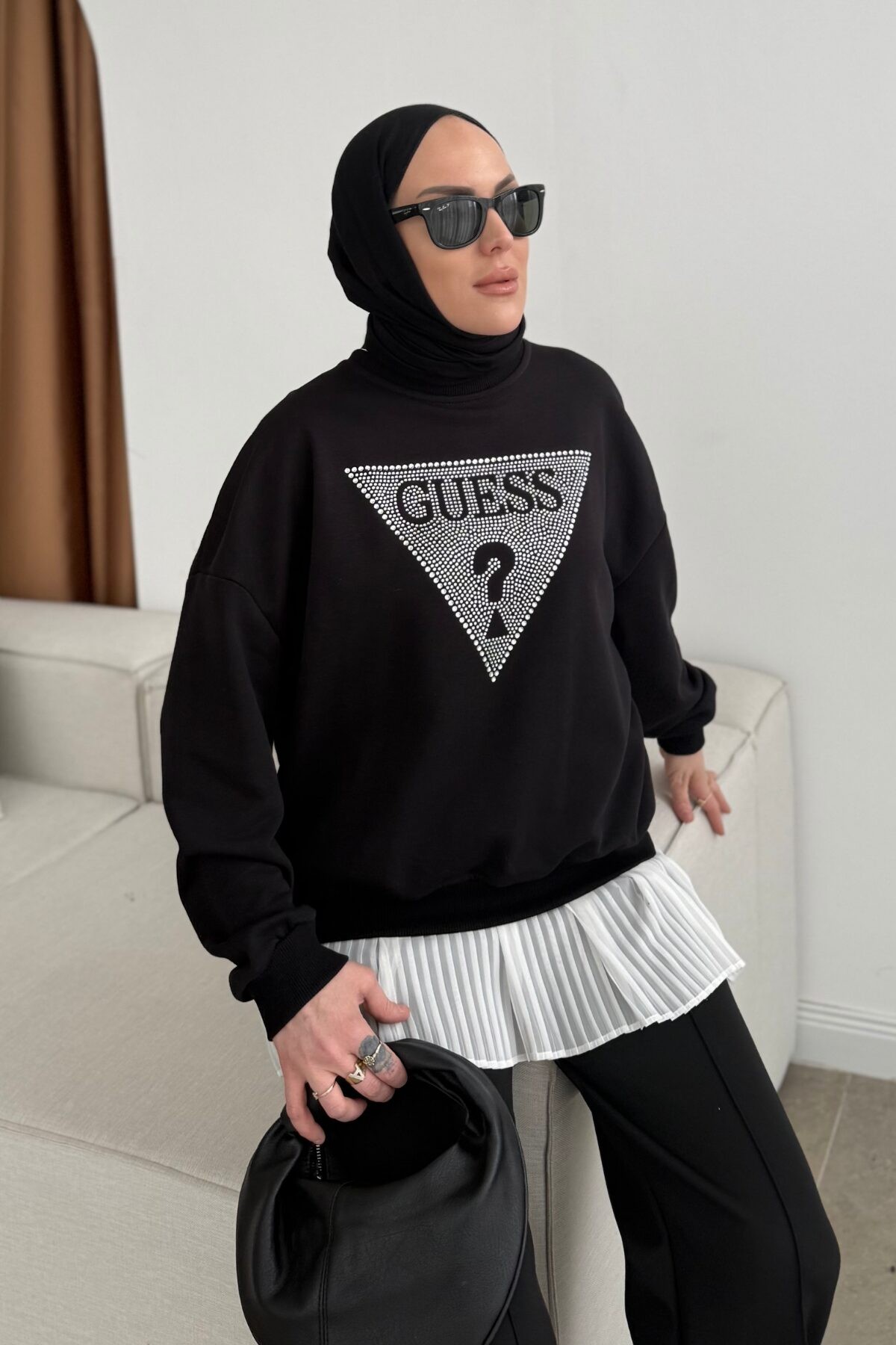 Gümüş Taşlı Sweat Siyah