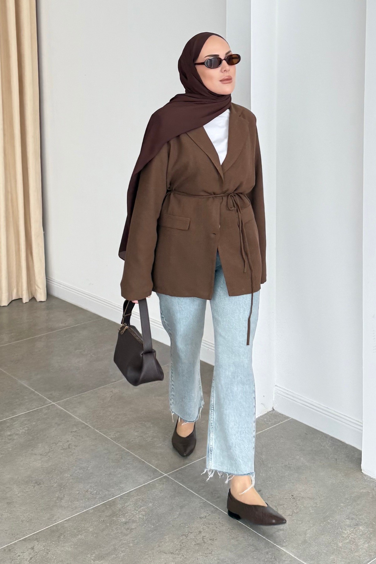 Vera Keten Kemerli Blazer Kahve 