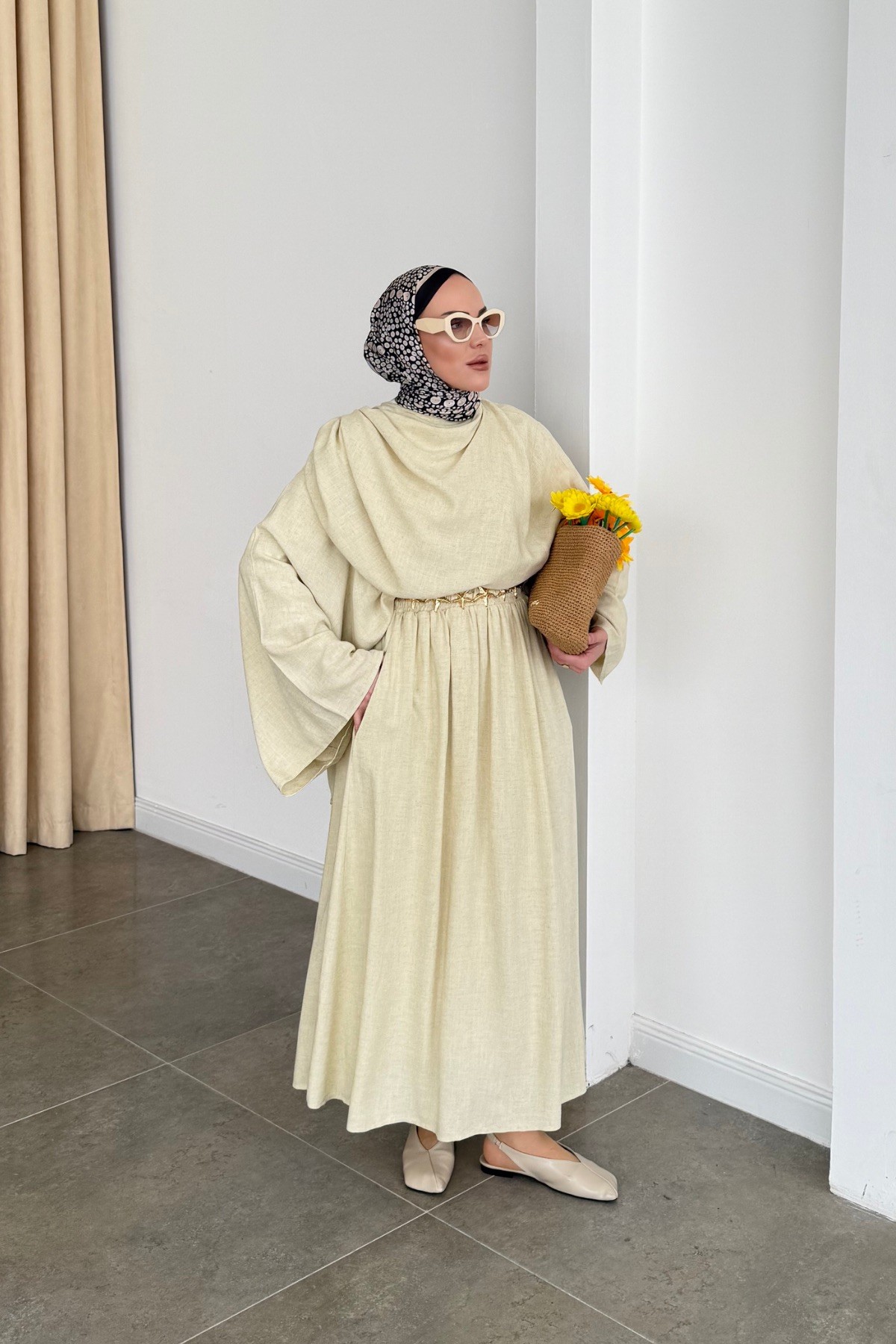 Rozie Fular Yaka Etek Takım Sarı