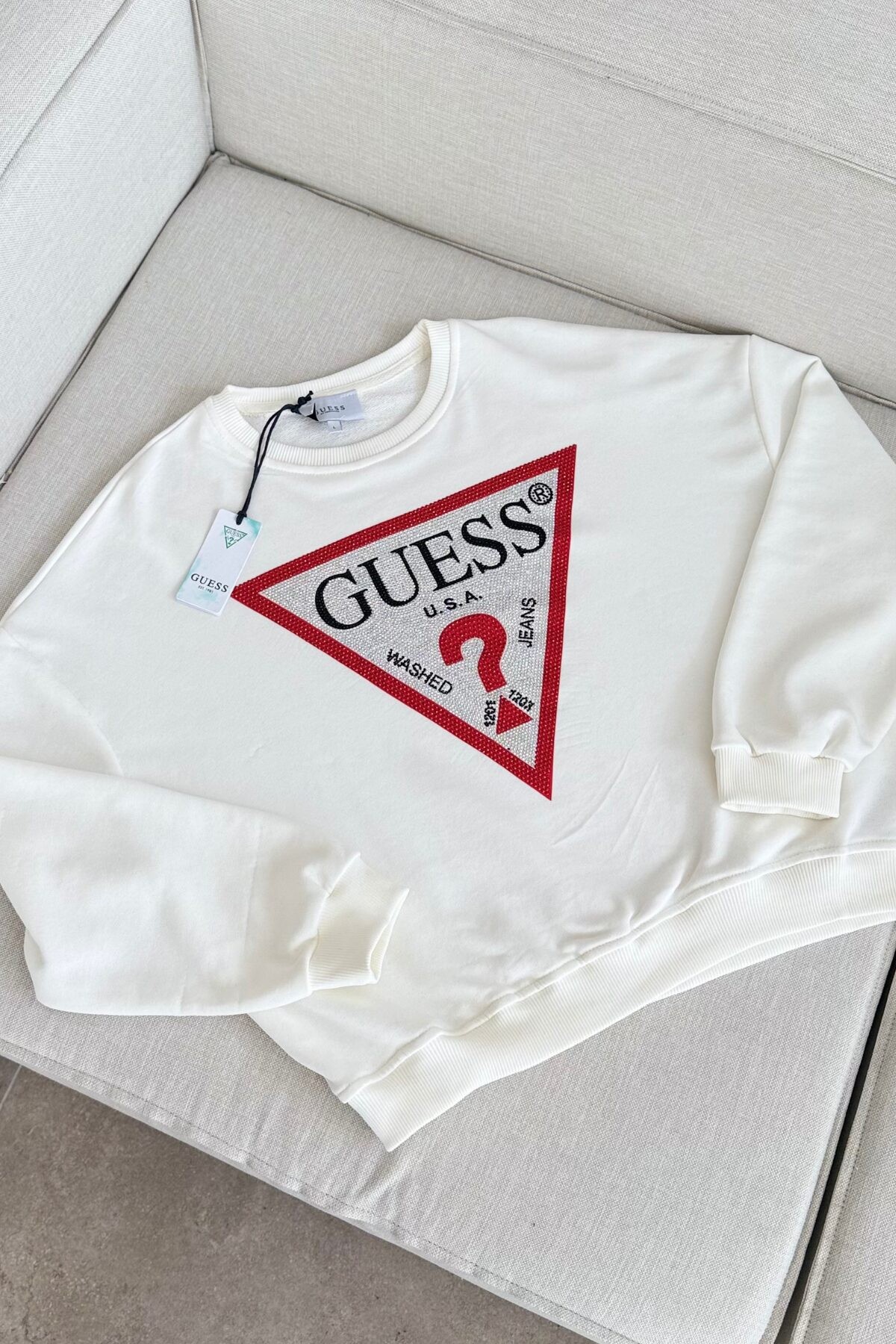 Guess İçi Full Taşlı Sweat Beyaz