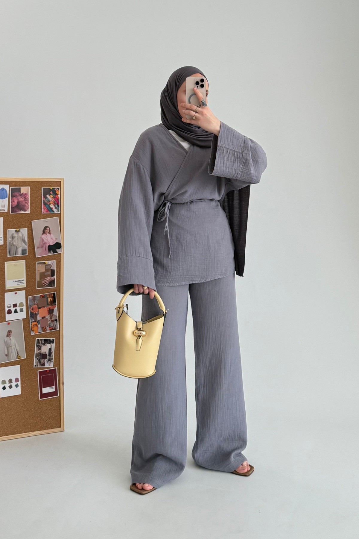 Premium Müslin Kimono Ceket Takım Gri