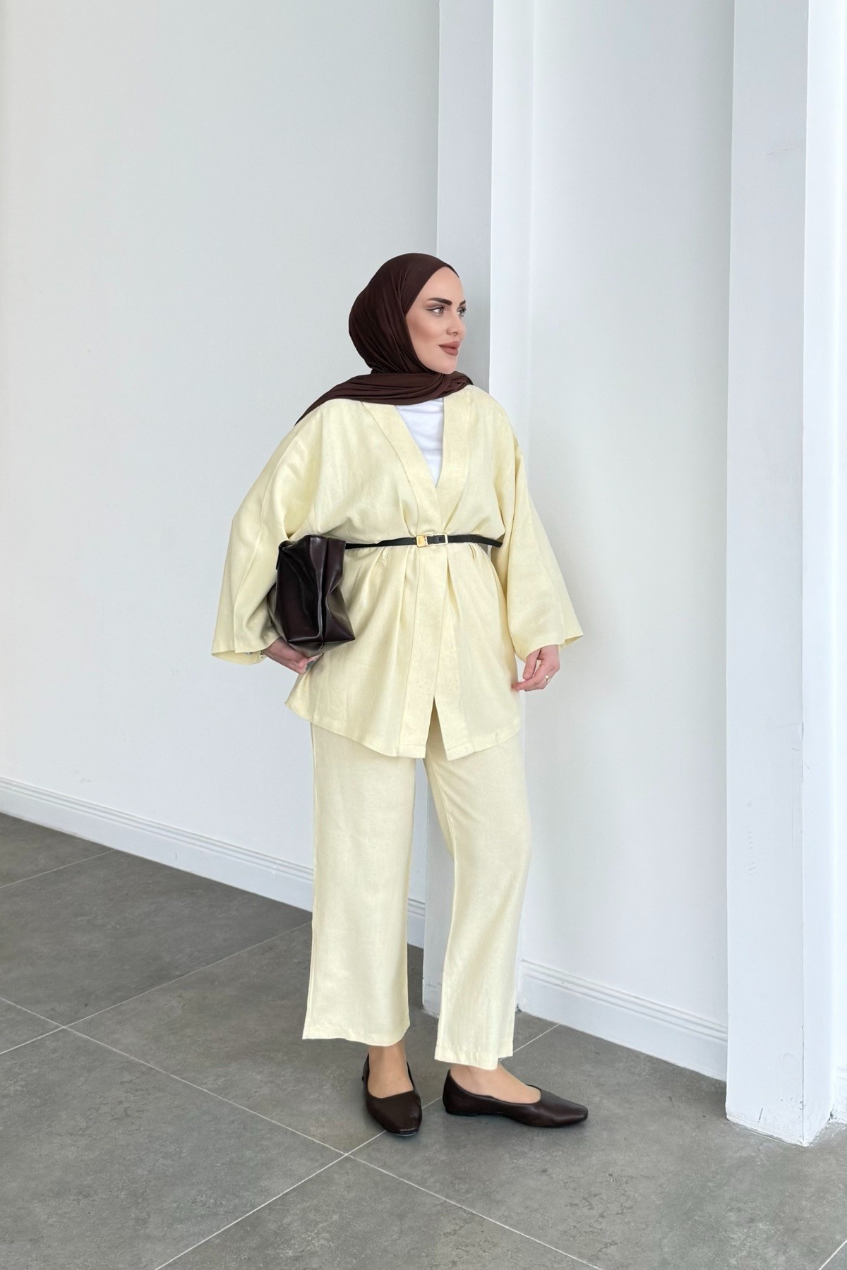 Kemerli Keten Kimono Takım Sarı 