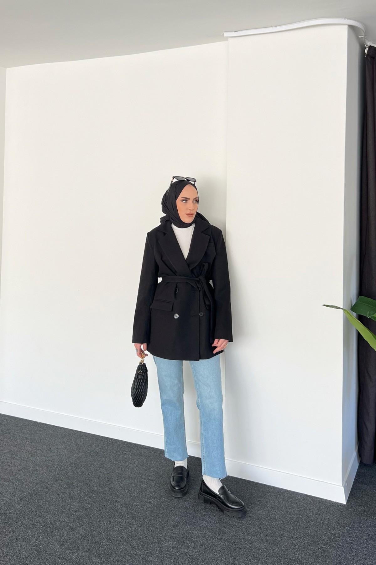 Kemerli İthal Kaşe Blazer Ceket - Siyah