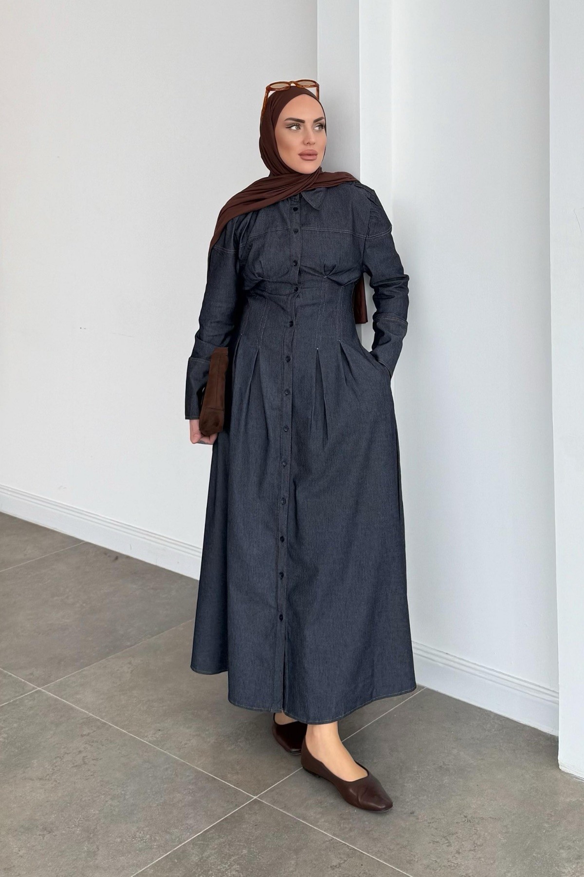 Belden Oturtmalı Premium Denim Elbise