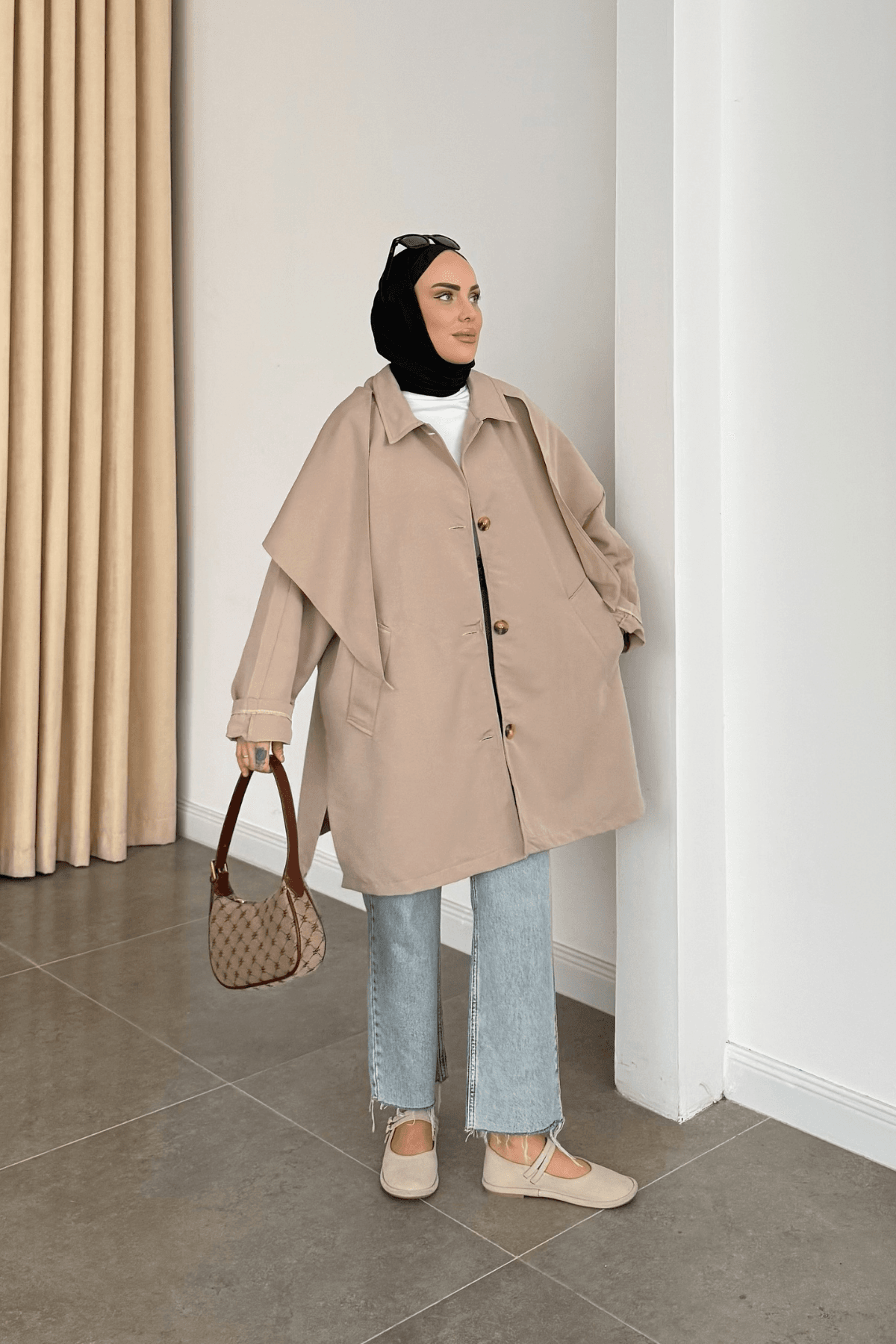 Çıkartılabilir Fular Yaka Trençkot Taş