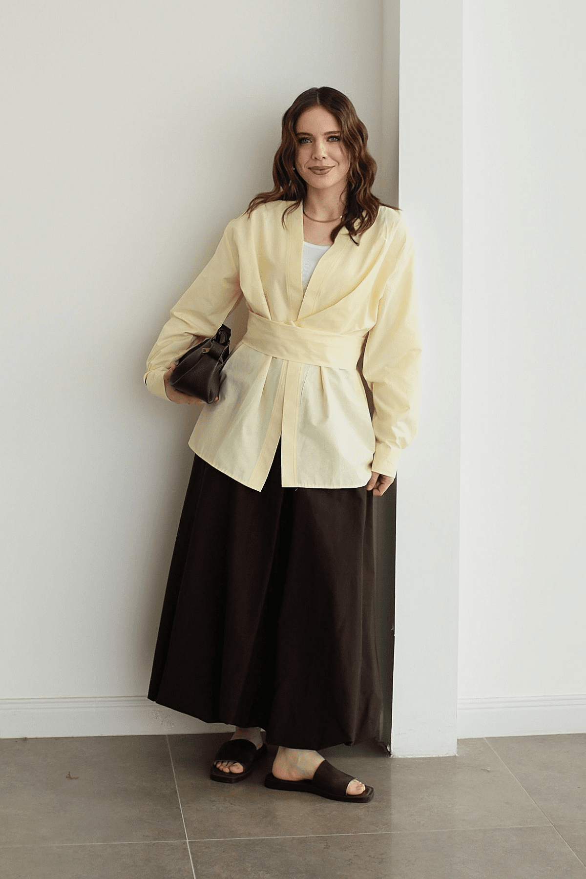 Premium Bağlamalı Kimono Gömlek Sarı