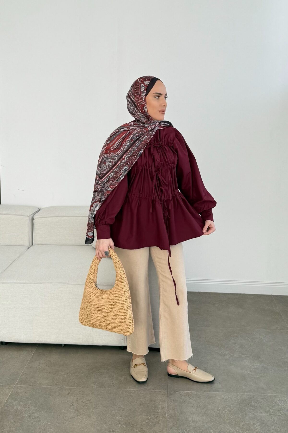 Pinterest Premium Büzgülü Gömlek Bordo