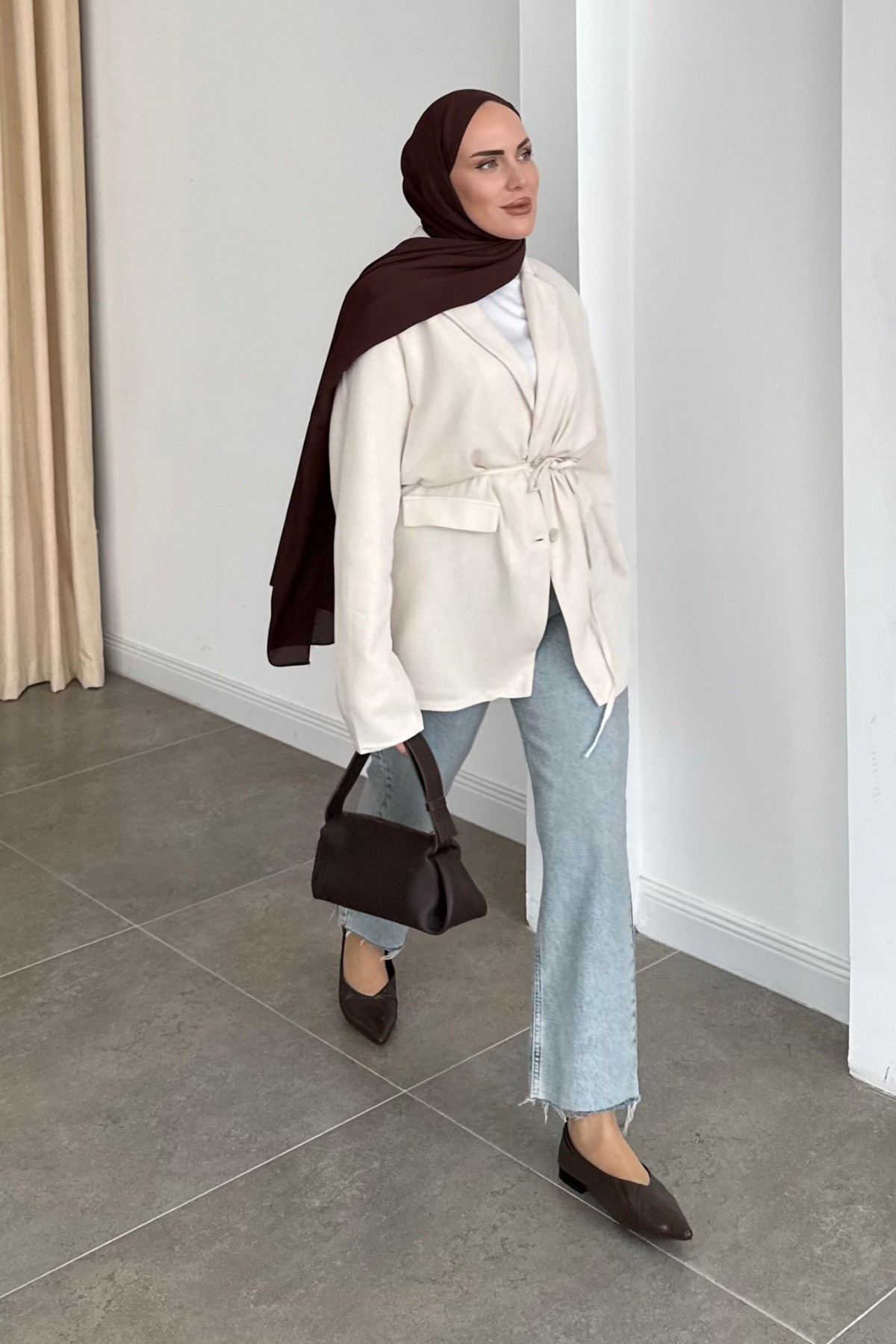 Vera Keten Kemerli Blazer Bej 