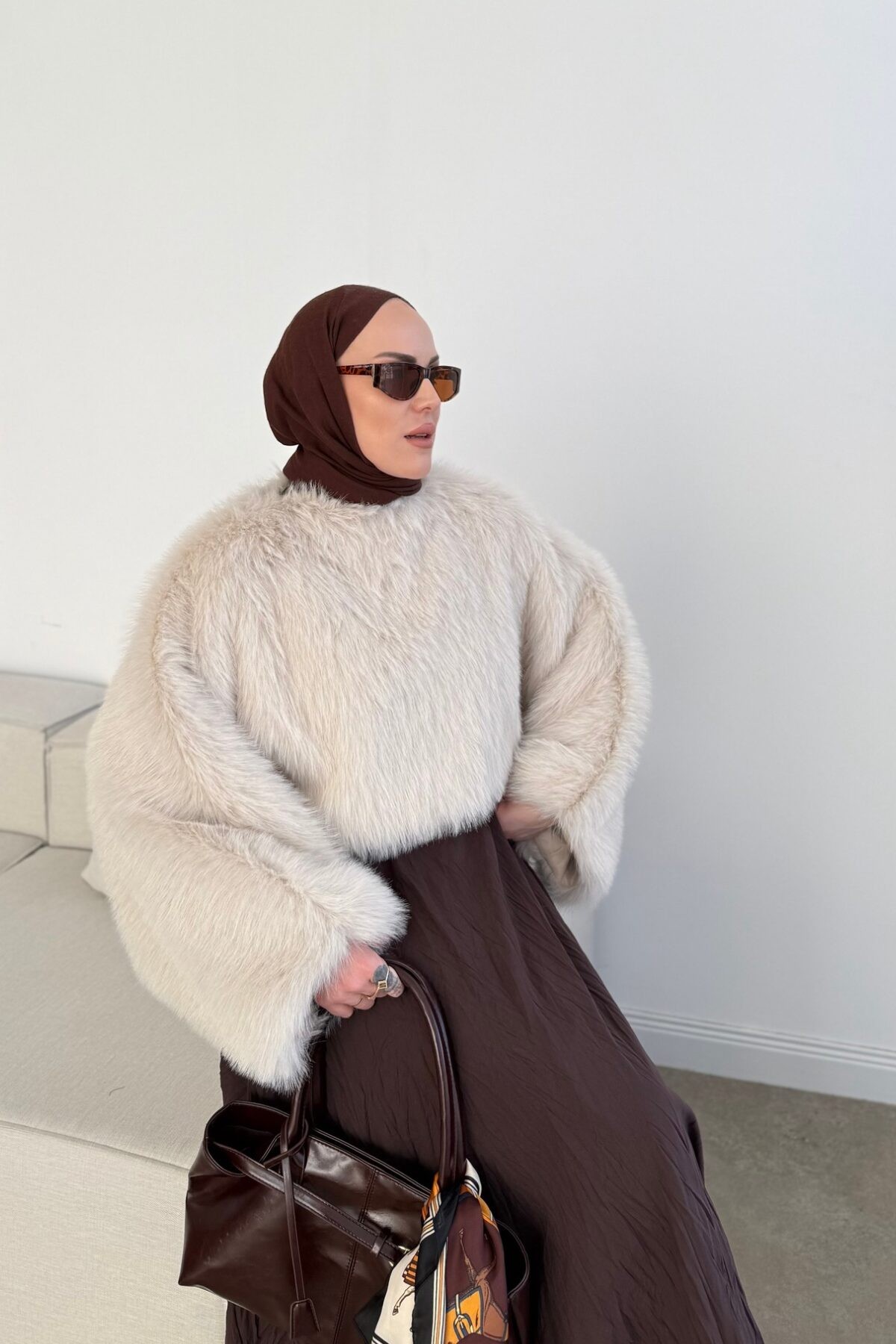 Oversize Muadil Crop Kürk Ekru