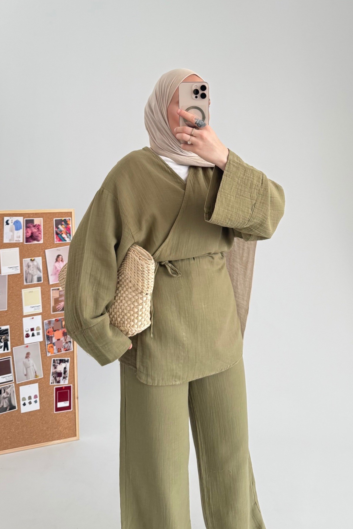 Premium Müslin Kimono Ceket Takım Haki