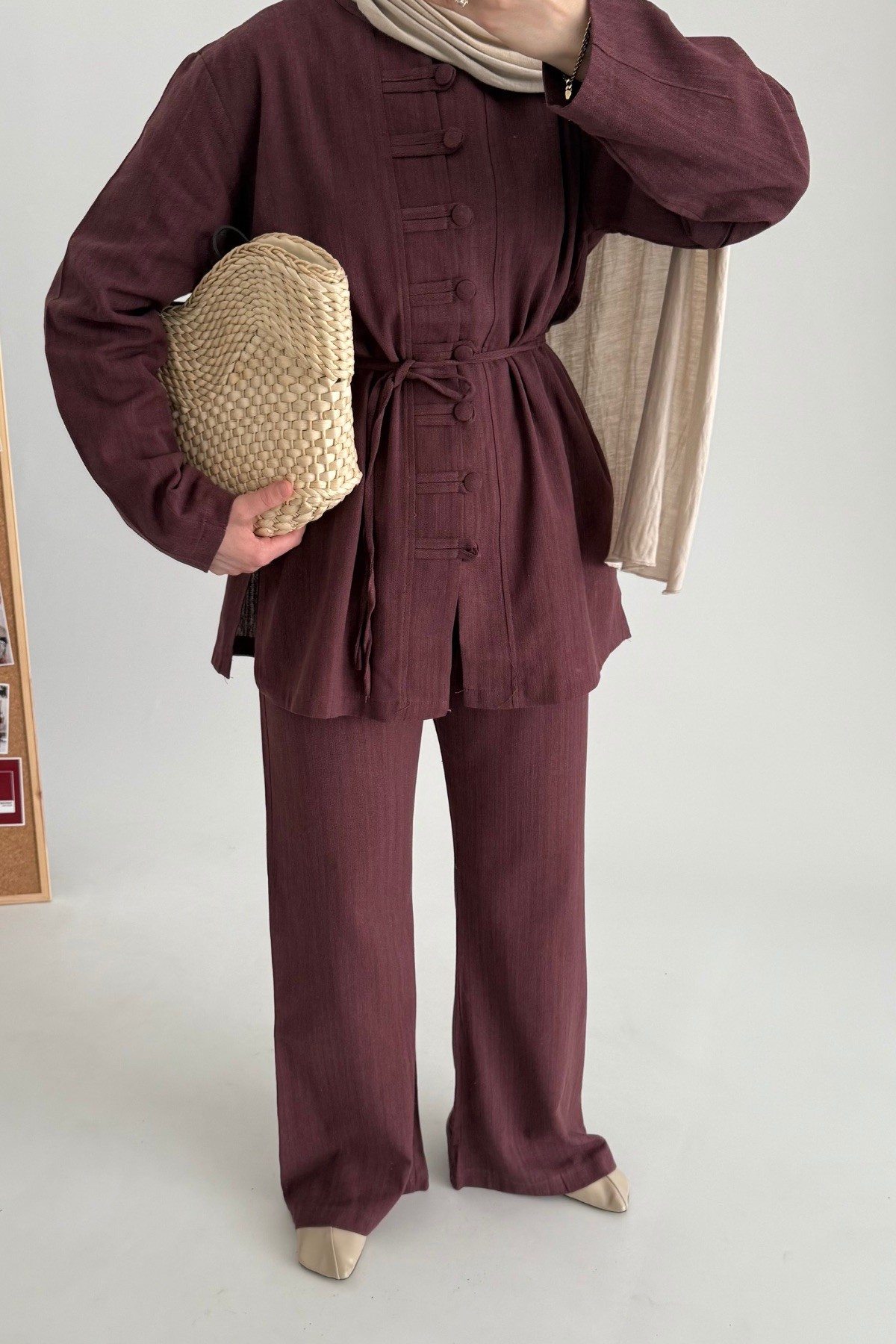 Linen Natural Keten Takım Bordo