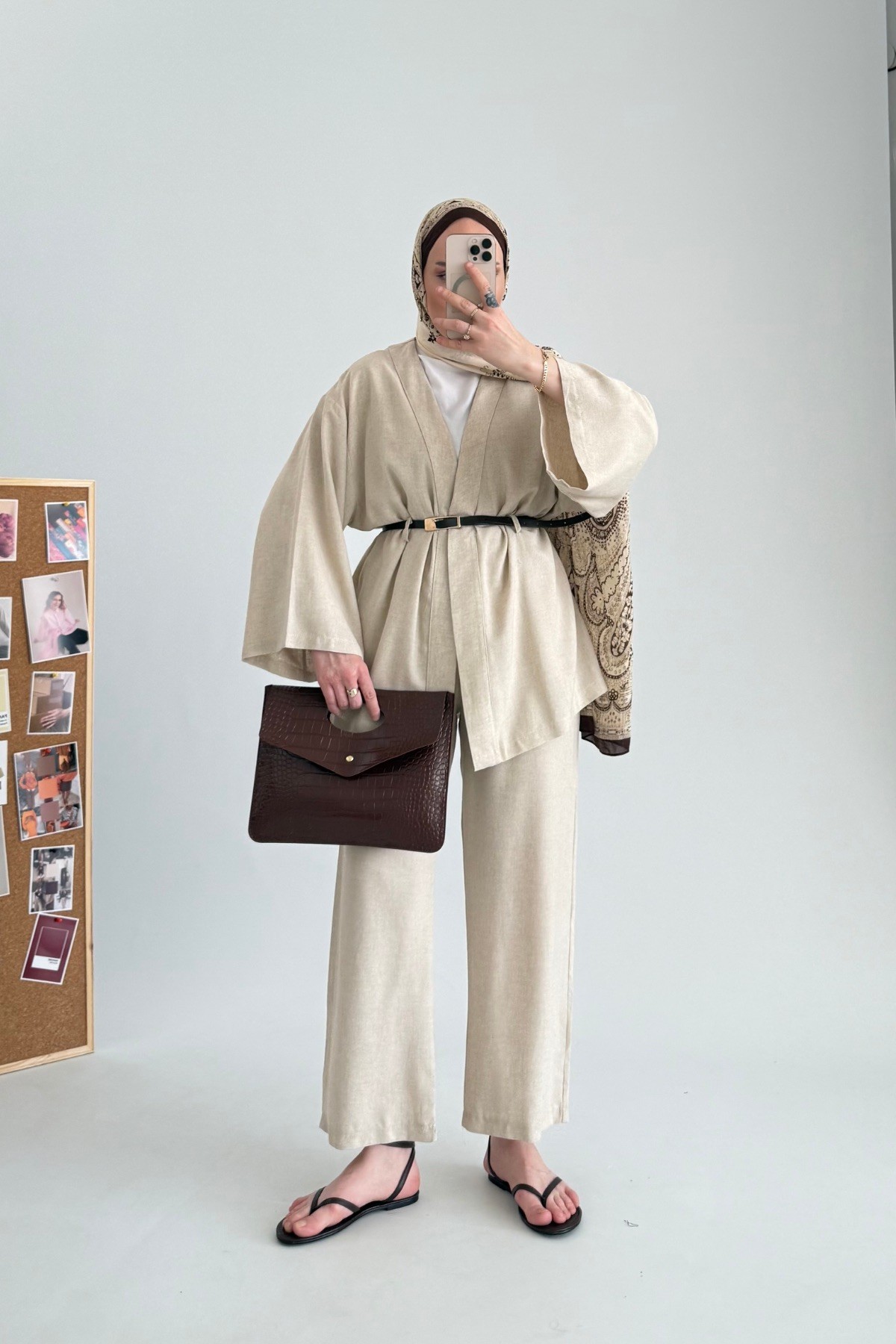 Kemerli Keten Kimono Takım Natural