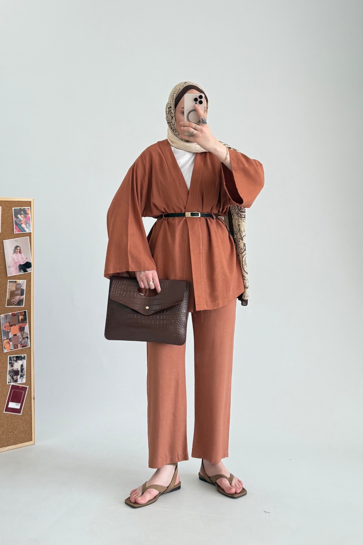 Kemerli Keten Kimono Takım Kiremit 