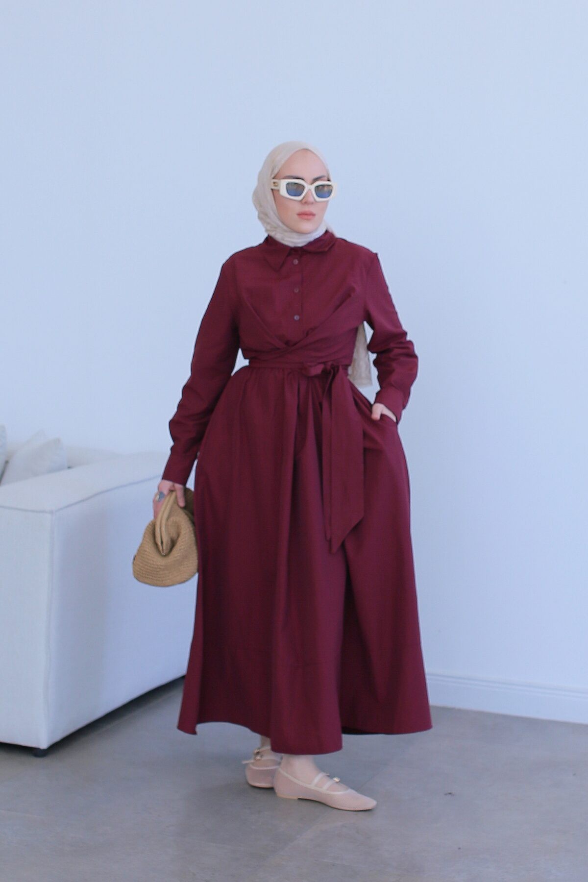 Kuşaklı Tasarım Elbise - Cherry