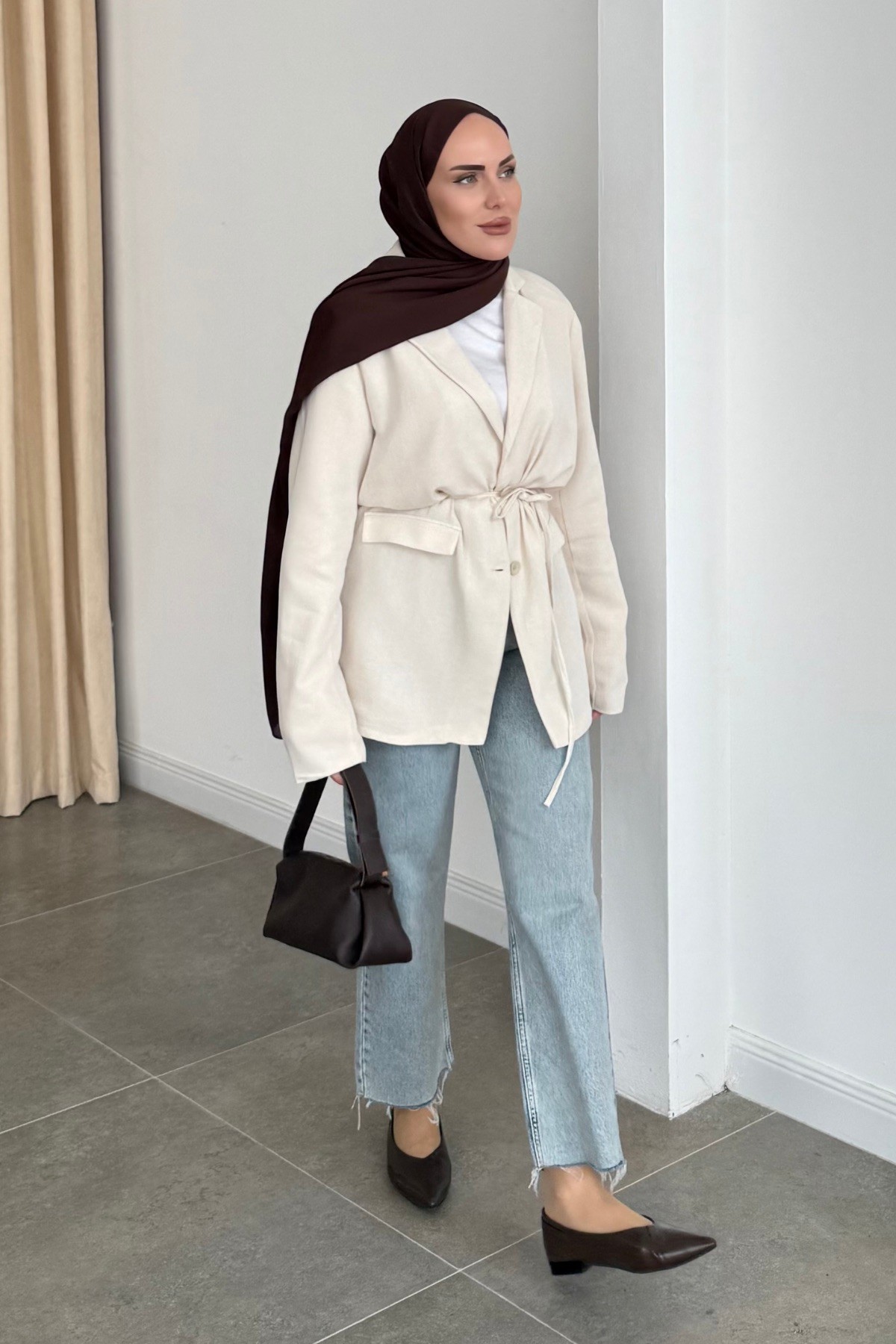 Vera Keten Kemerli Blazer Bej 