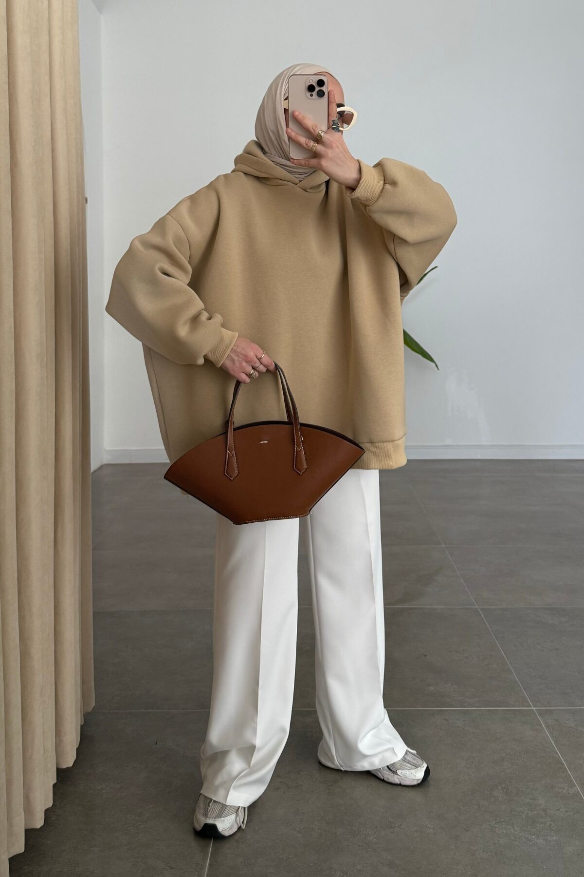 Oversize Üç İplik Sweat Sütlü Kahve