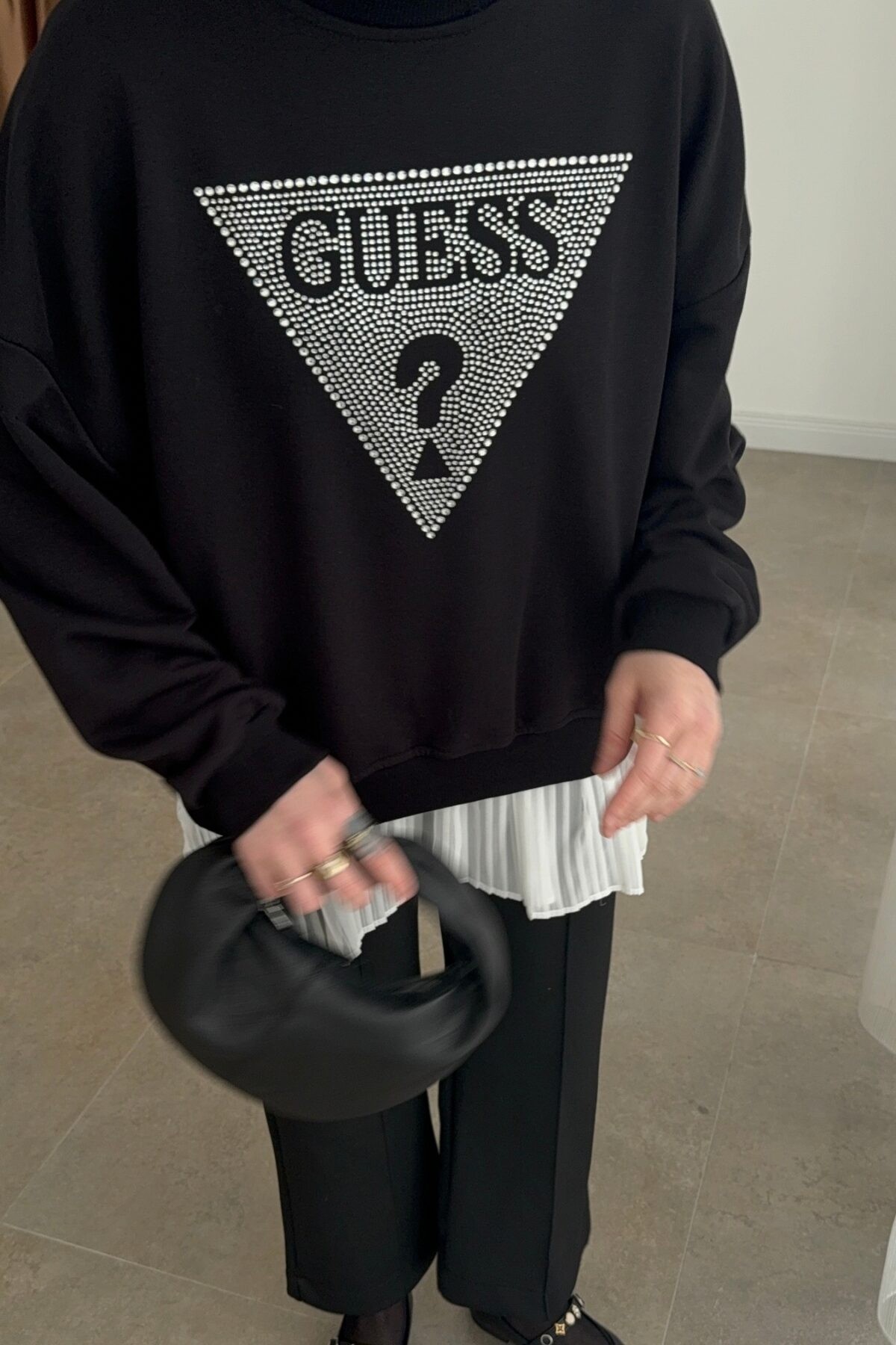 Gümüş Taşlı Sweat Siyah