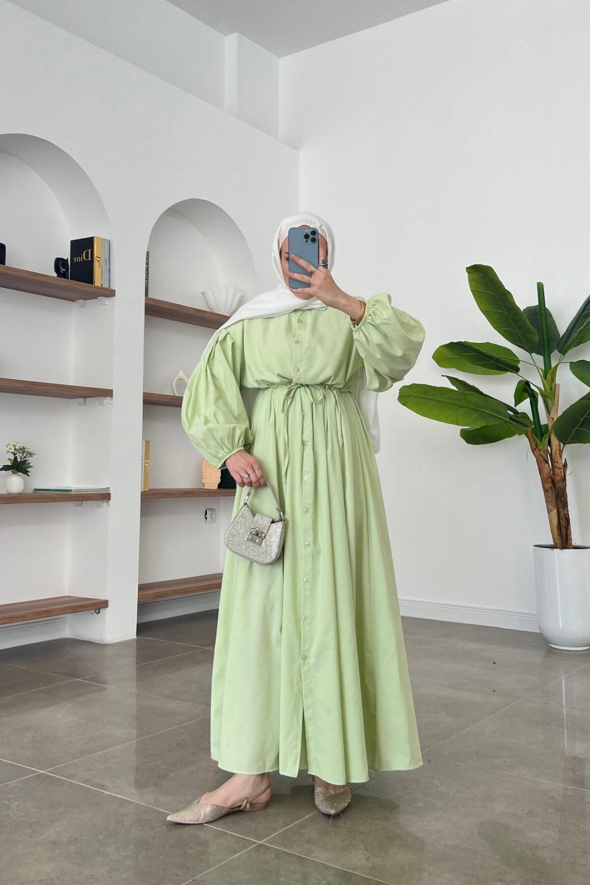 Oversize Balon Kol Elbise Yeşil